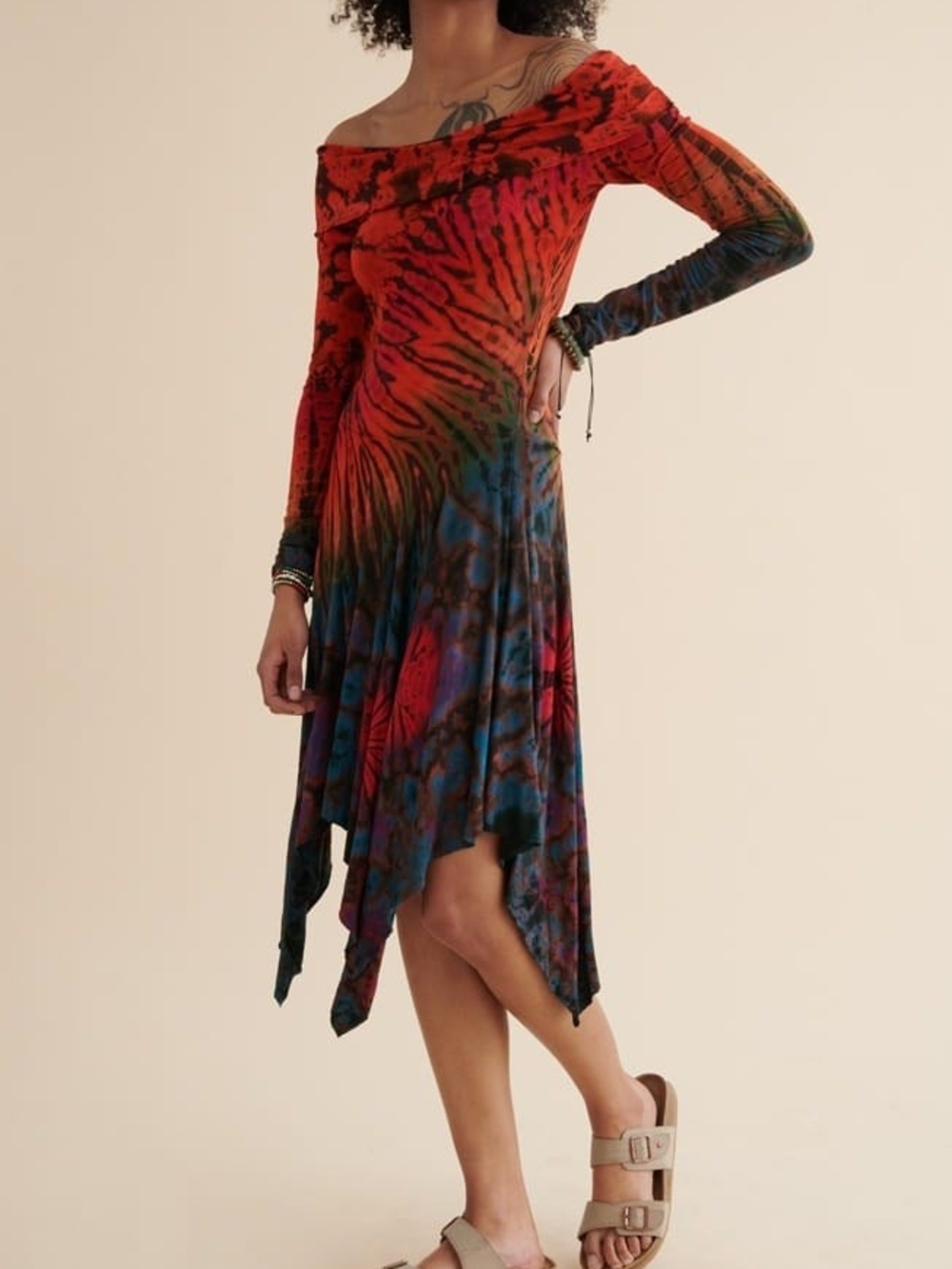 Earthbound Rainbow Artisan Tie Dye Boho Dress Off The Shoulder Handkerchief SzM